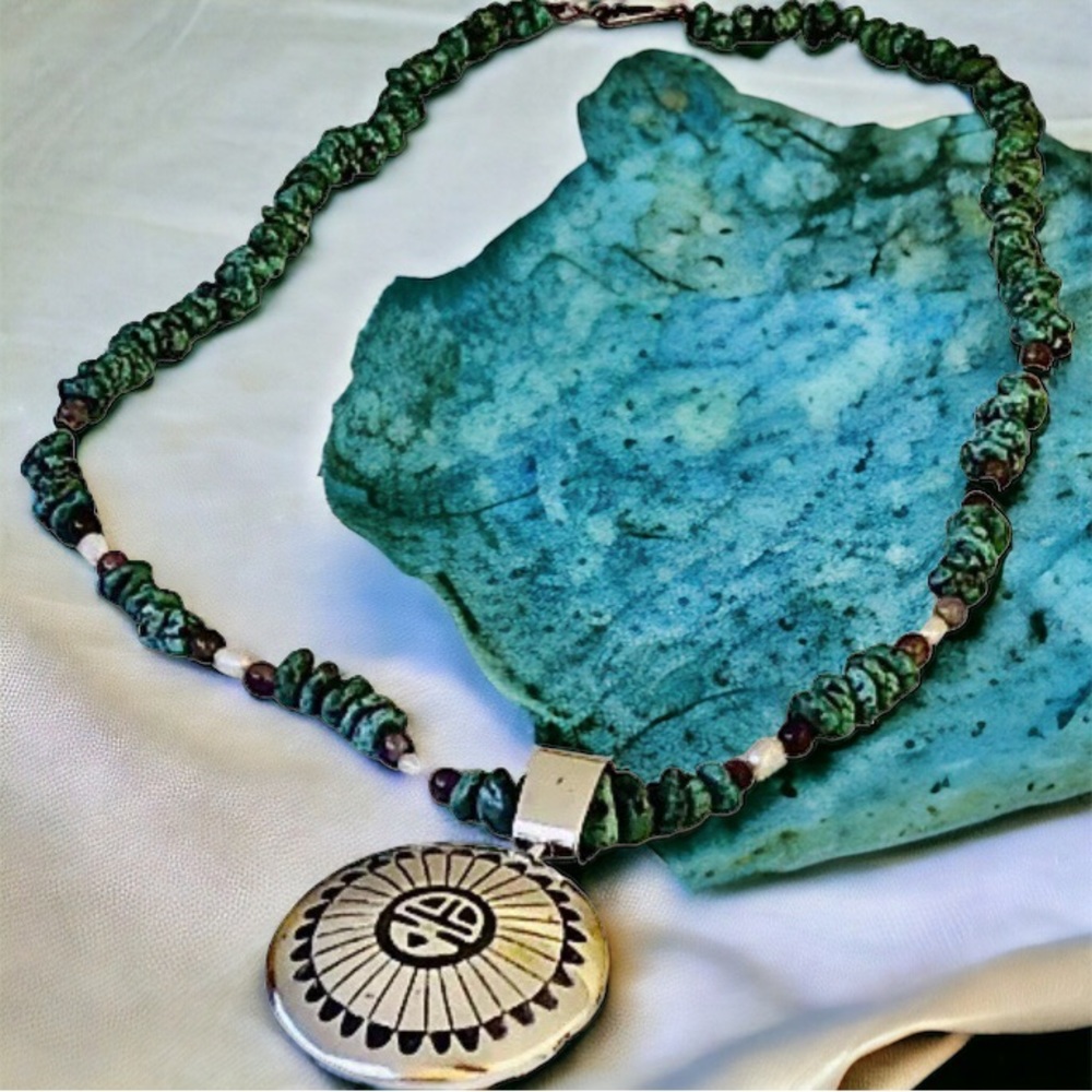 Sterling Silver Spinner Pendant + Turquoise Necklace two sided
